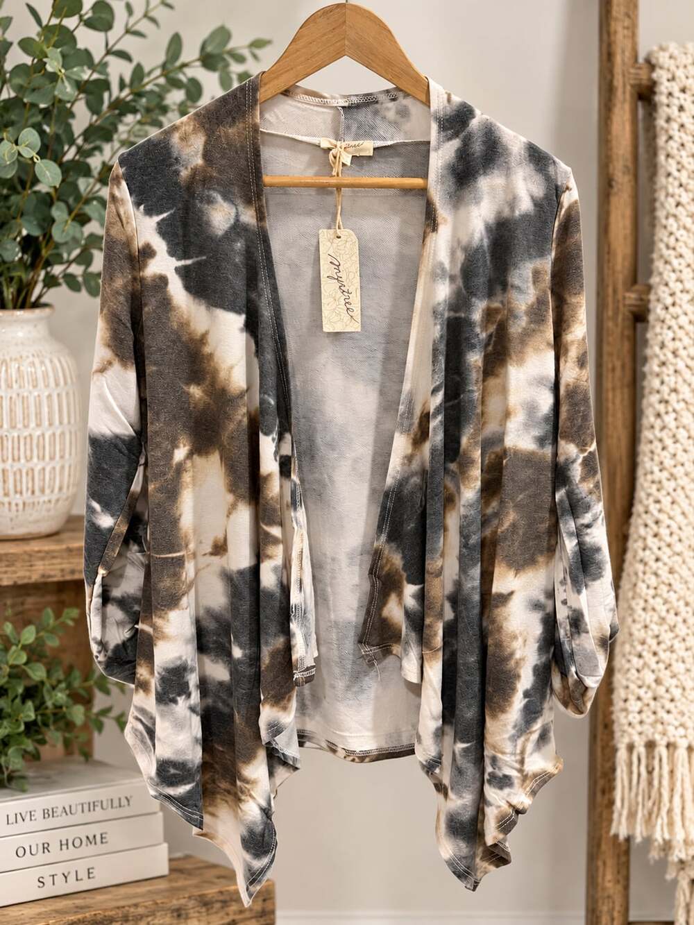 NWT Mystree Tie Dye Cardigan Size M Brown Black Open Front Waterfall